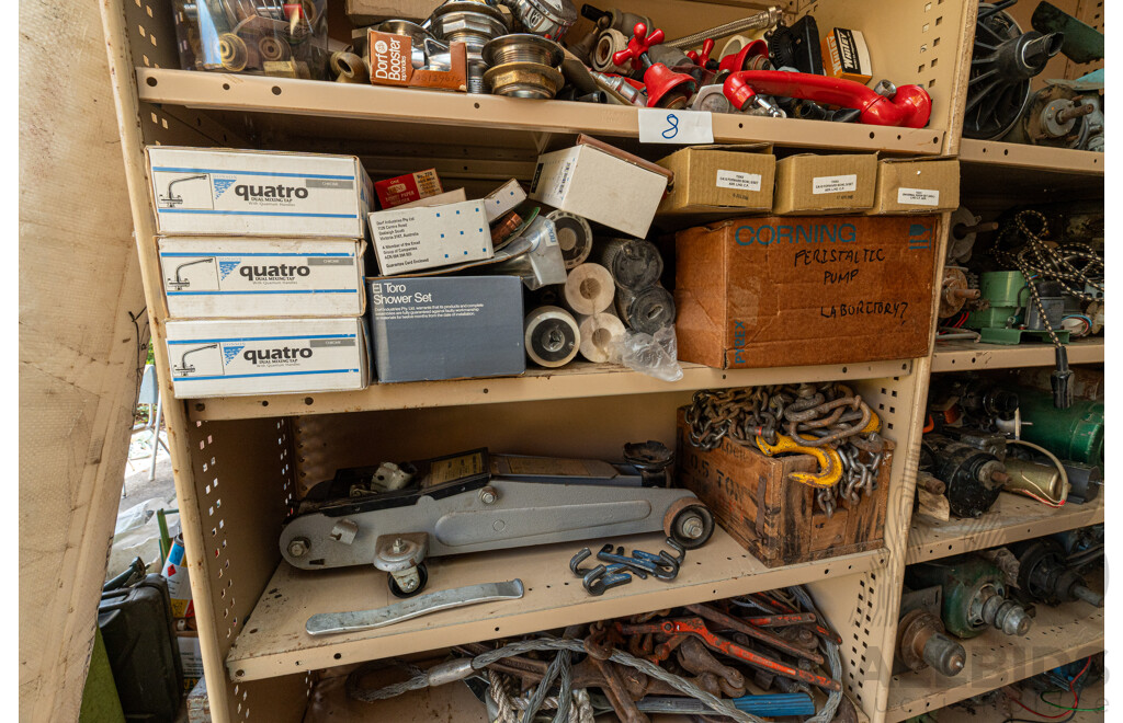 4 Bay of Metal Shelving with Various Hardware ETC