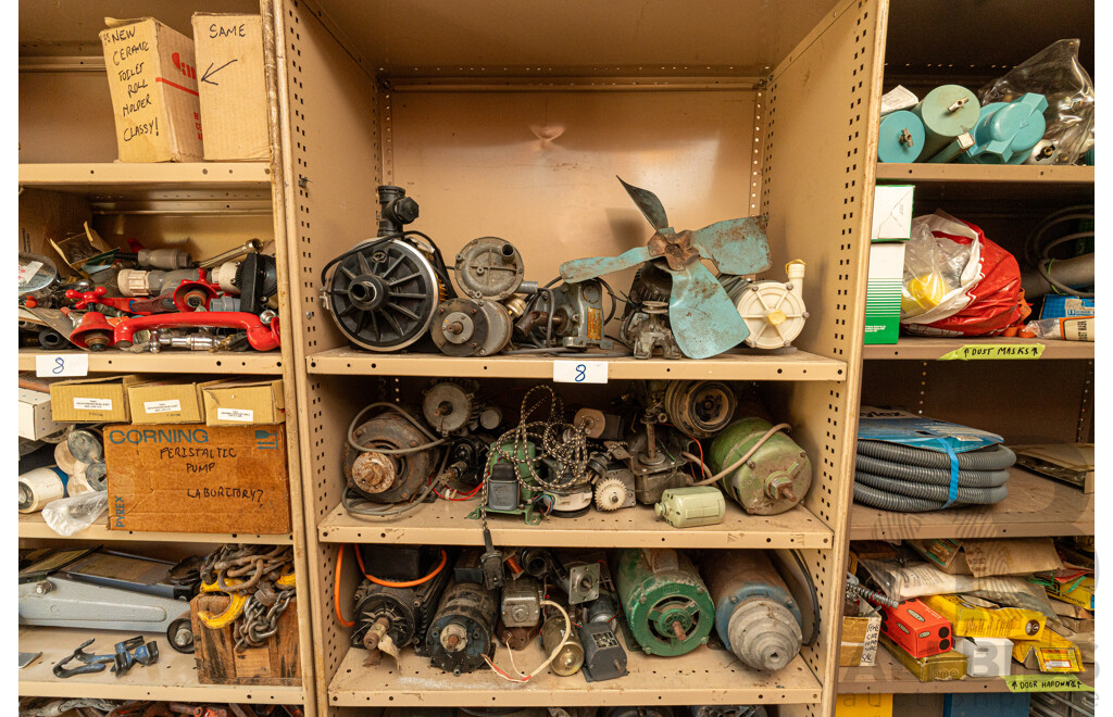 4 Bay of Metal Shelving with Various Hardware ETC