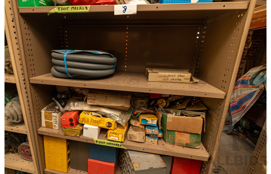 4 Bay of Metal Shelving with Various Hardware ETC