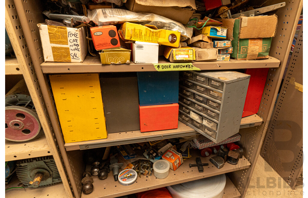 4 Bay of Metal Shelving with Various Hardware ETC
