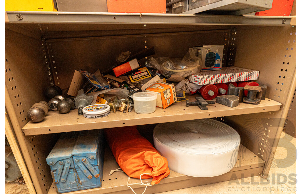 4 Bay of Metal Shelving with Various Hardware ETC