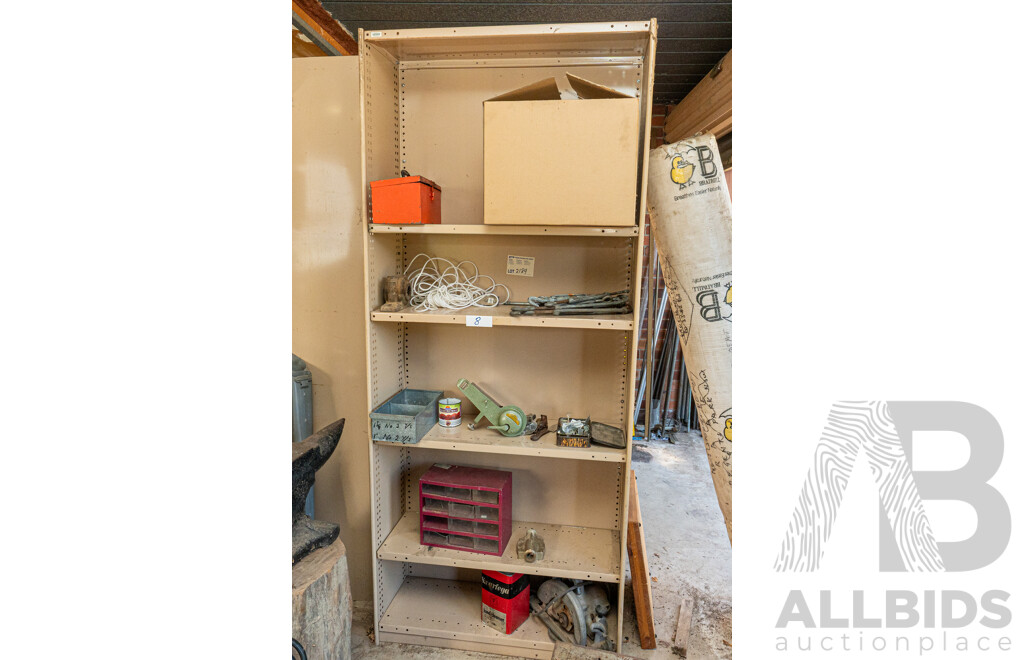 4 Bay of Metal Shelving with Various Hardware ETC