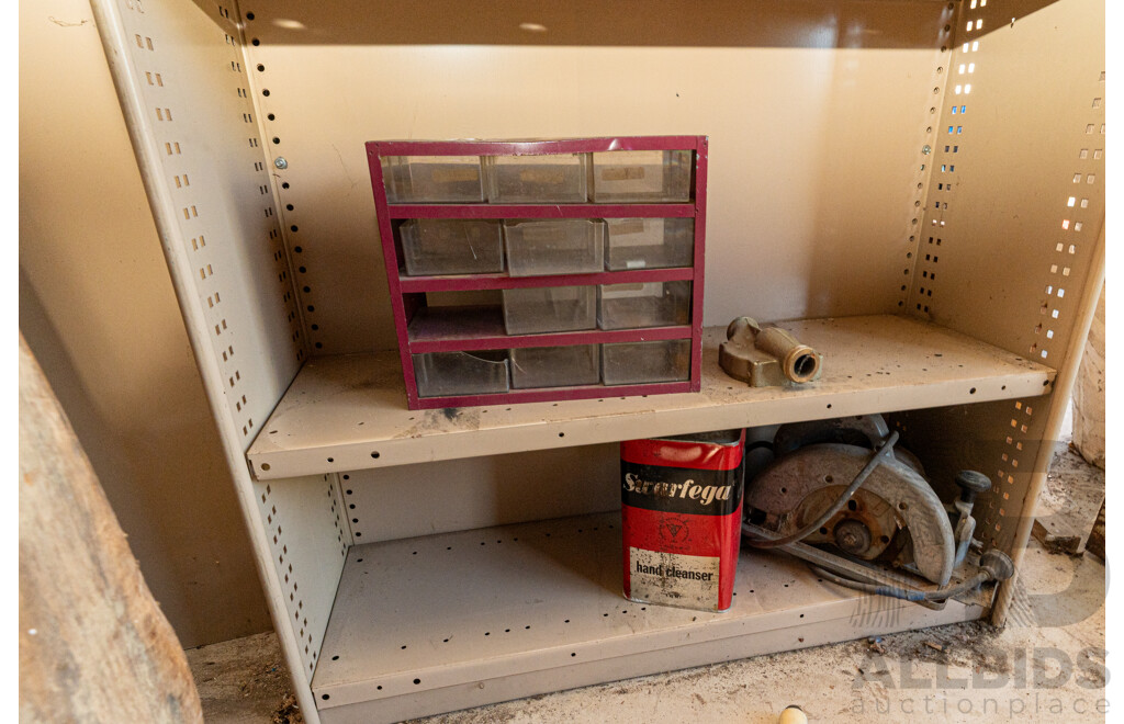 4 Bay of Metal Shelving with Various Hardware ETC