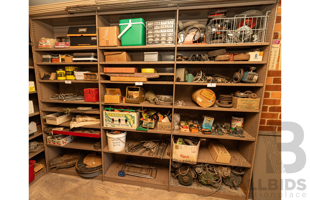 3 Bay of Metal Shelving with Various Hardware ETC