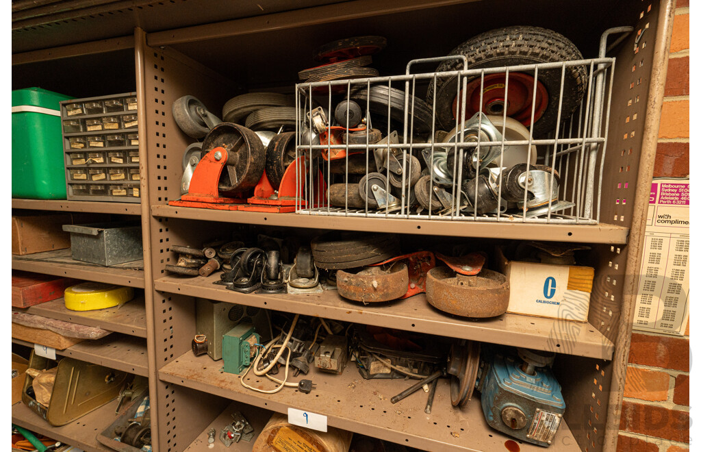 3 Bay of Metal Shelving with Various Hardware ETC
