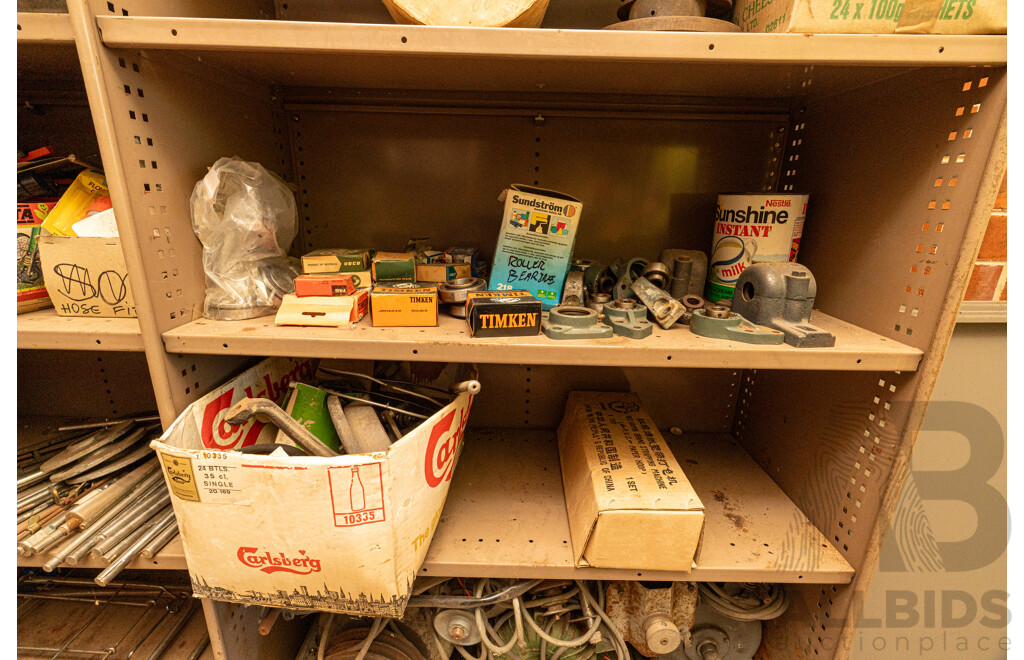 3 Bay of Metal Shelving with Various Hardware ETC