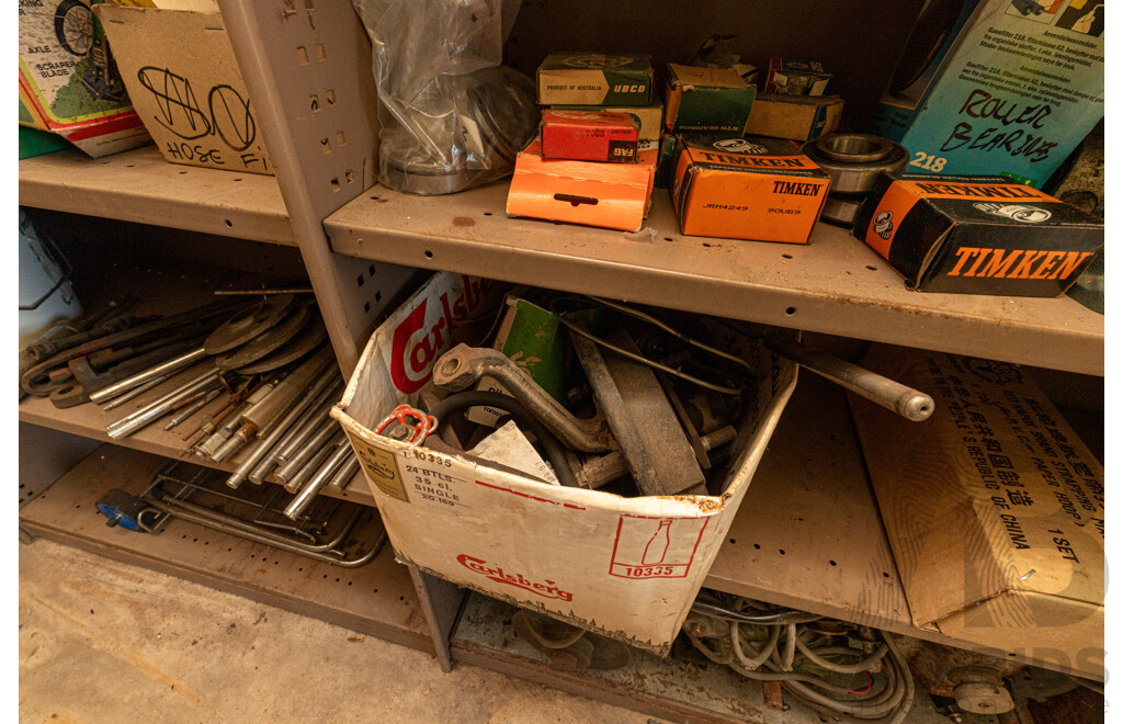 3 Bay of Metal Shelving with Various Hardware ETC