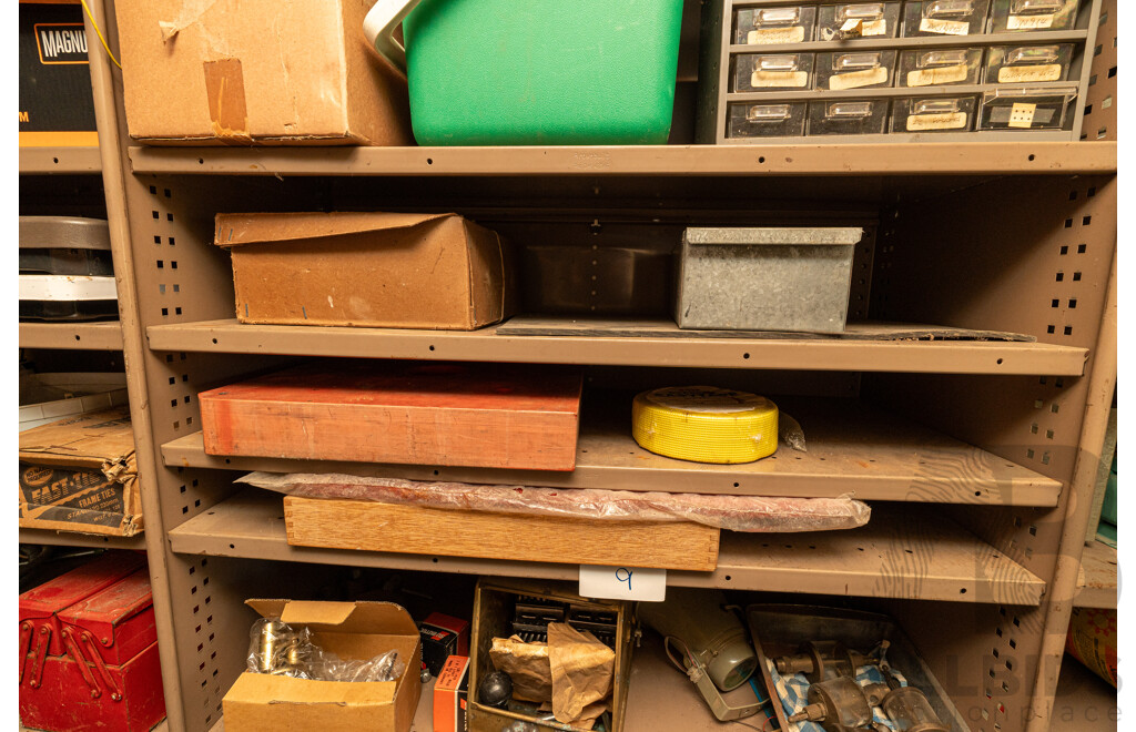 3 Bay of Metal Shelving with Various Hardware ETC