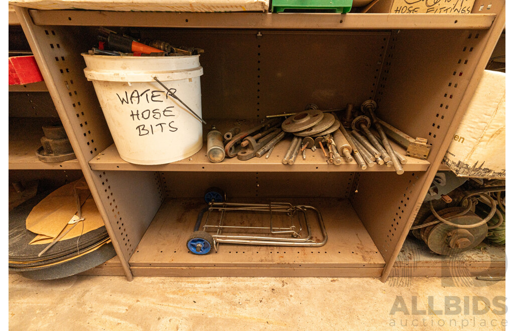 3 Bay of Metal Shelving with Various Hardware ETC