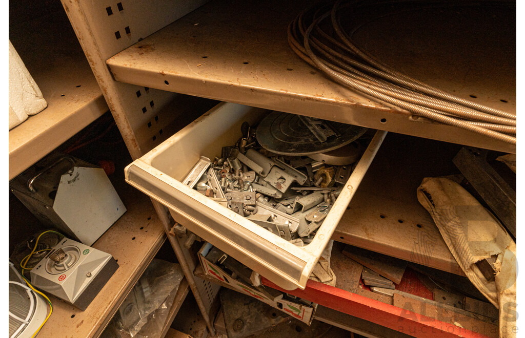 3 Bay of Metal Shelving with Various Hardware ETC