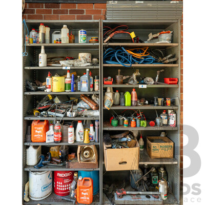 2 Bays of Metal Shelving with Various Tools & Hardware