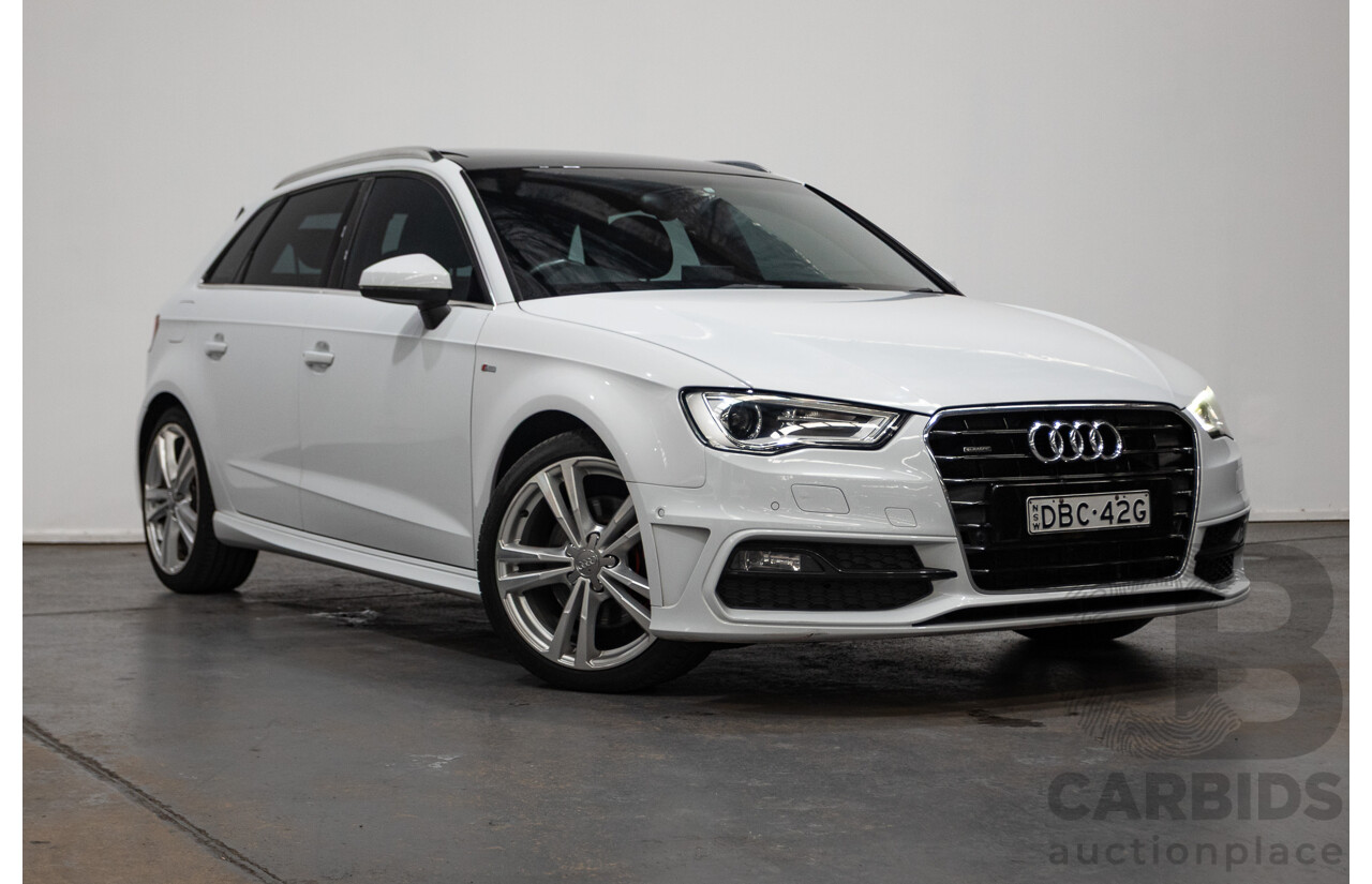 05/2015 Audi A3 Sportback S-line 1.8 TFSI Quattro (AWD) AMBITION 8V MY16 5D Hatchback Glacier White Turbo 1.8L