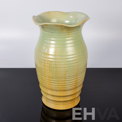 Vintage Australian Remued Ribbed Vase in Green & Yellow with Original Label