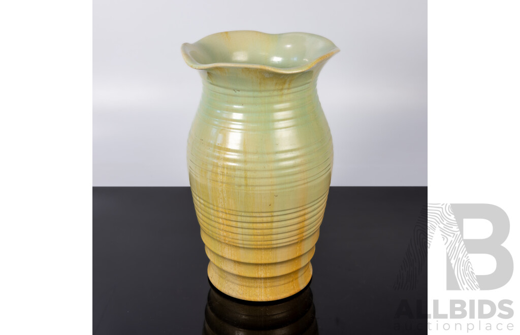 Vintage Australian Remued Ribbed Vase in Green & Yellow with Original Label