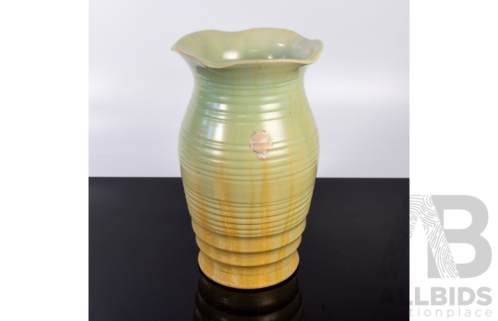 Vintage Australian Remued Ribbed Vase in Green & Yellow with Original Label