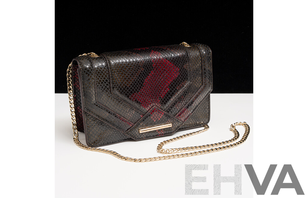 Mimco 'Trinity' Leather Clutch Bag, Brown & Burgundy with Gold Strap, as New with Tags & Dust Bag