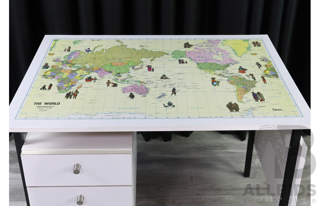 Vintage Melamine Three Drawer Desk with World Map to Top