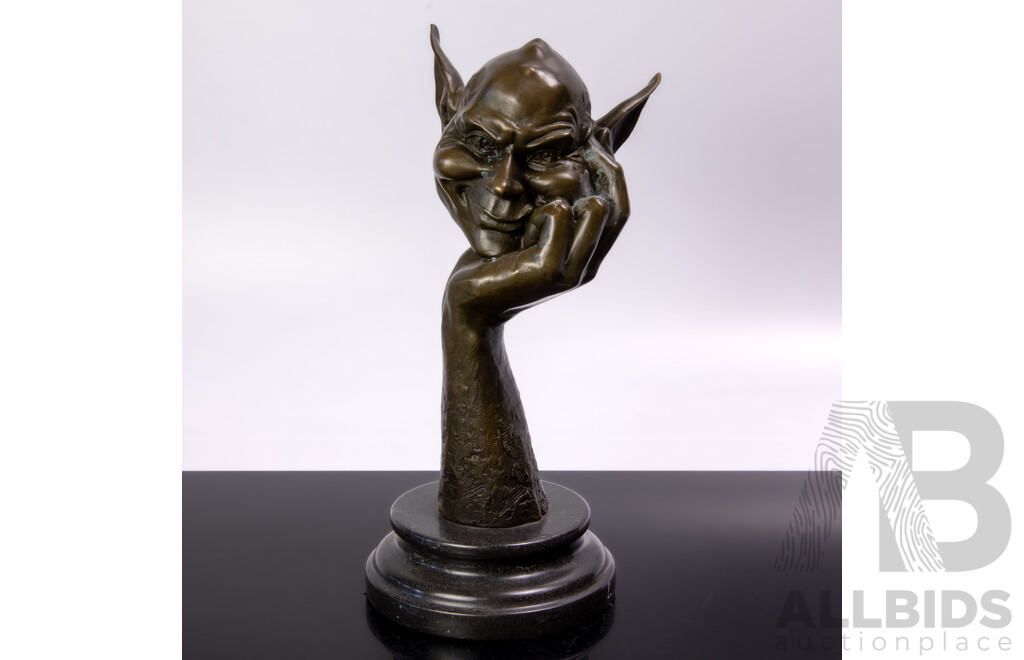 Bronze Bust of the Satisfied Devil, on Marble, by Juno, Contemporary