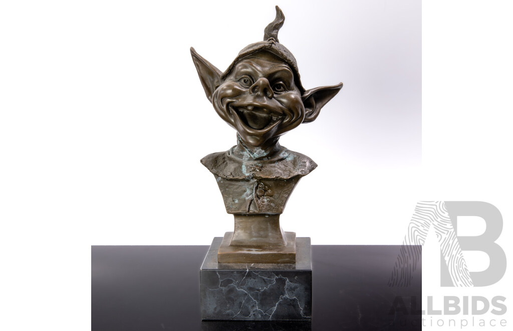 Bronze Bust of Laughing Elf, on Marble Socle, by Juno, Contemporary