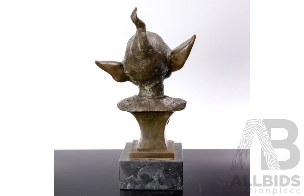 Bronze Bust of Laughing Elf, on Marble Socle, by Juno, Contemporary