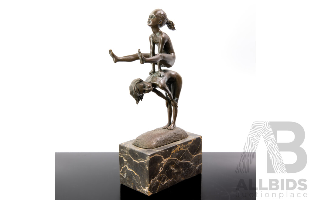 Bronze Statue of Leap Frogging Children, on Marble Socle, Contemporary
