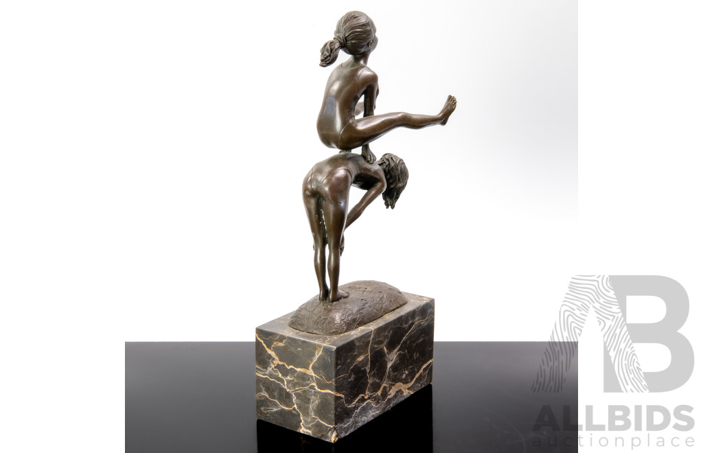 Bronze Statue of Leap Frogging Children, on Marble Socle, Contemporary