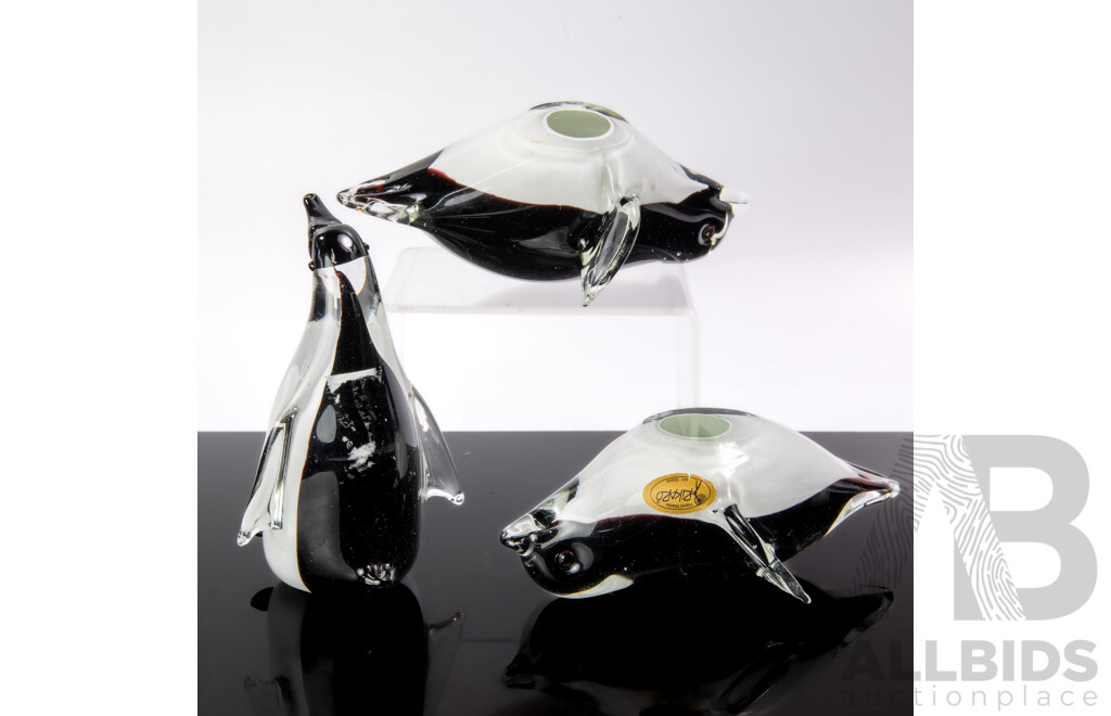 Collection Three Art Glass Rikaro Penguin Figures