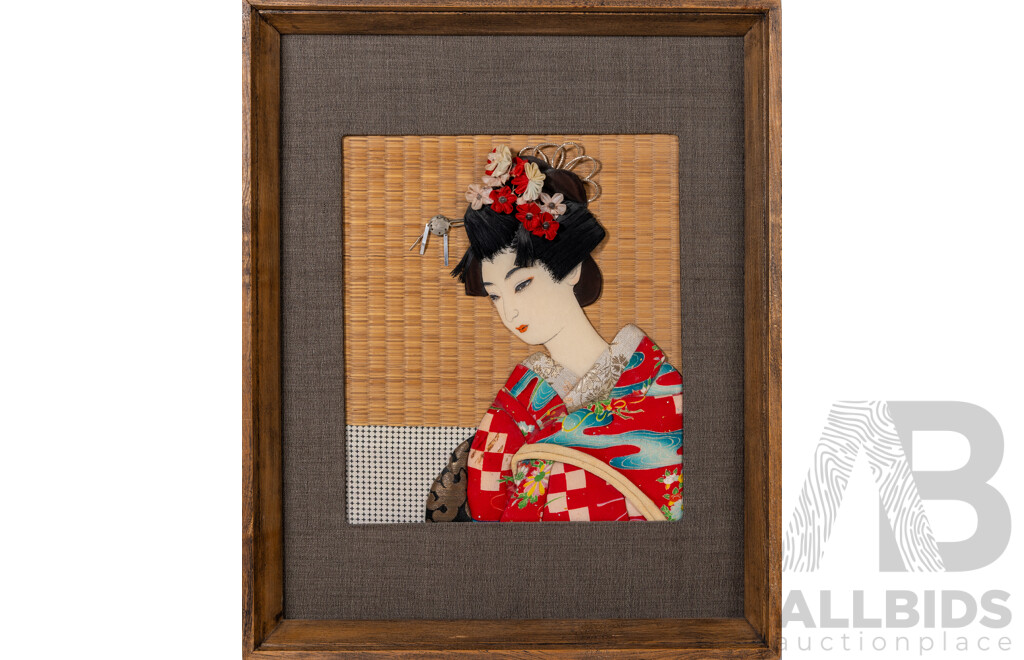 Artist Unknown, (20th Century), Portrait of a Geisha Girl, Vintage 3D Mixed Media Fabric and Textiles, 41 x 33 cm