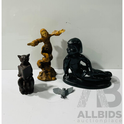 Collection Decorator Items Including Ceramic Sculpture, Ceramic Cat Reading & Gnarled Carved Wood Mary Figure