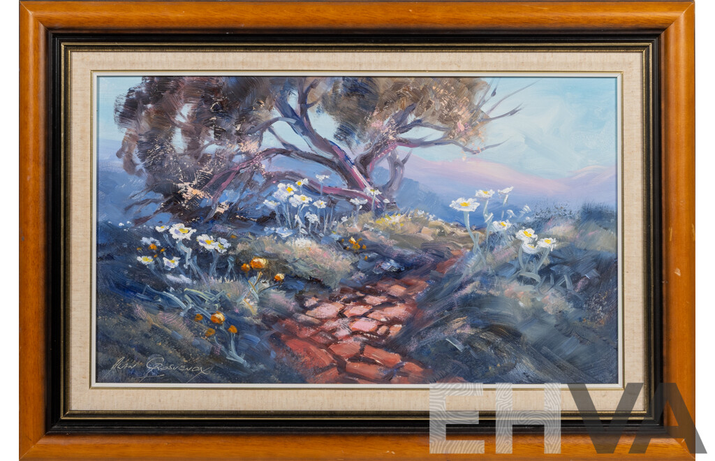 Alan Clive Grosvenor (20th Century, Australian, 1925-2012), Snowy Mountain Springtime, (1998), Oil on Masonite, 44 x 64 cm (frame)