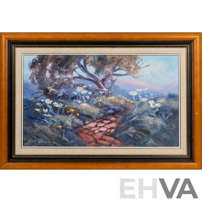 Alan Clive Grosvenor (20th Century, Australian, 1925-2012), Snowy Mountain Springtime, (1998), Oil on Masonite, 44 x 64 cm (frame)