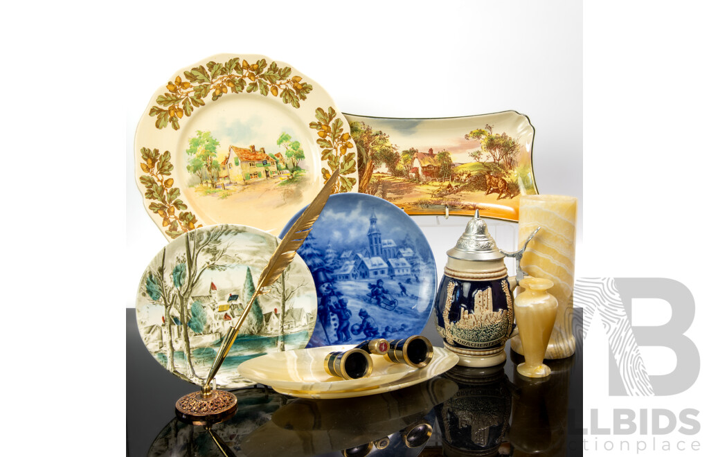 Collection Items Including Royal Doulton Rectangle Platter and Round Plate, Royal Copenhagen Display Plate, Onyx Vase with Two Oval Plates and More