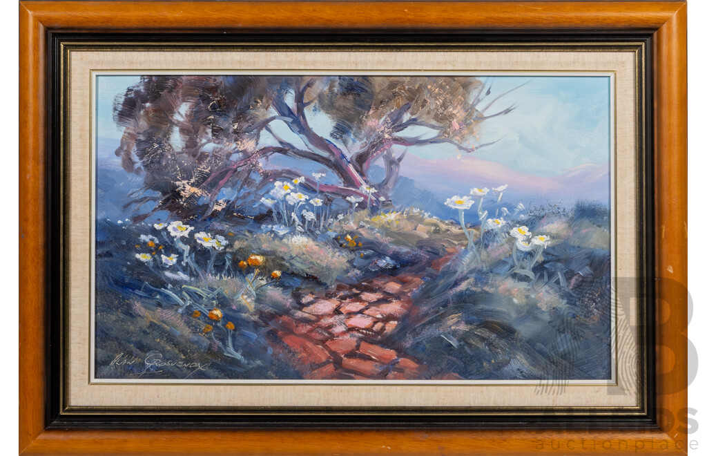 Alan Clive Grosvenor (20th Century, Australian, 1925-2012), Snowy Mountain Springtime, (1998), Oil on Masonite, 44 x 64 cm (frame)