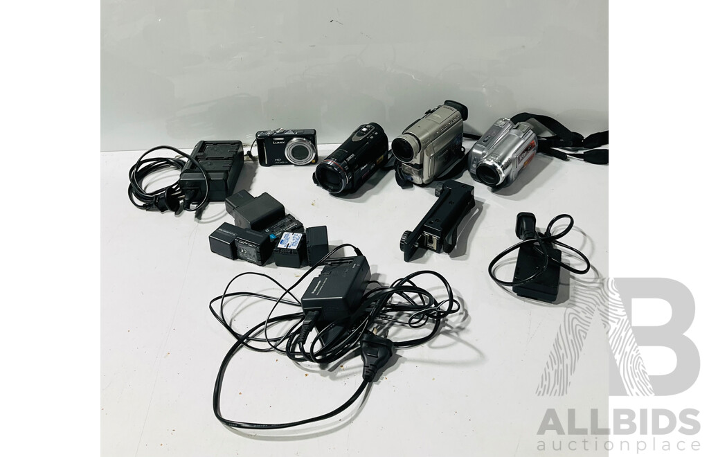 Collection of Digital Cameras and Camera Gear Including Panasonic MiniDV, Panasonic 3CCD, Lumix AVCHD Lite and Much More