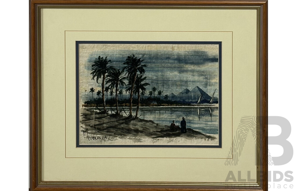 M. Okasha, (20th Century, Egyptian, 1900-2000), Admiring the Pyramids (Mojeb Bal-Ahramat), Watercolour on Papyrus, 39 x 45 cm (frame)