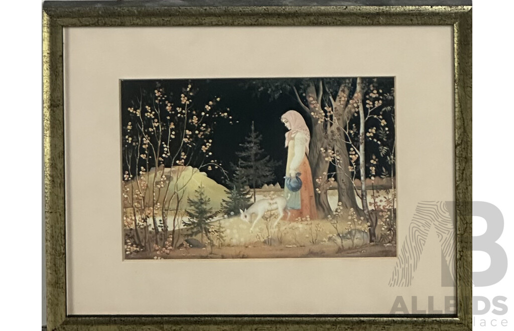 "Alyonushka and the Little Goat Stand at the Shore of the Golden Lake...", Image Reproduced From Book Russian Lacquer, Legends and Fairy Tales by Lucy Maxym, 23 x 28 cm (frame)