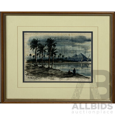 M. Okasha, (20th Century, Egyptian, 1900-2000), Admiring the Pyramids (Mojeb Bal-Ahramat), Watercolour on Papyrus, 39 x 45 cm (frame)