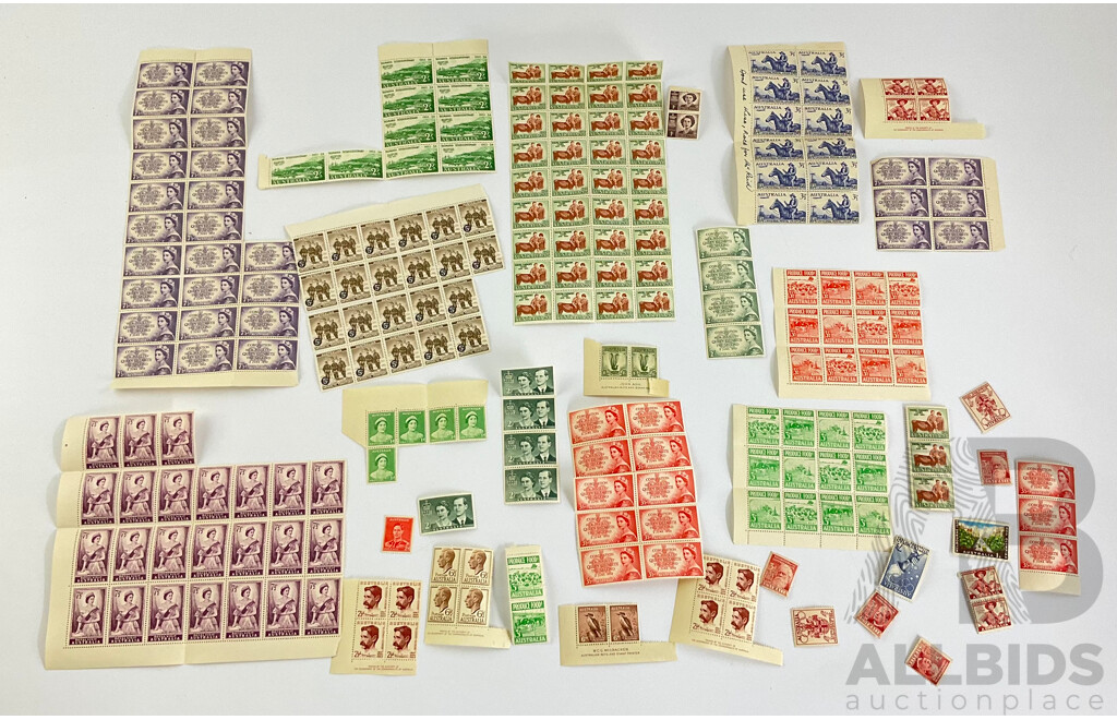 Collection of Australian Predecimal Mint Stamps, Blocks and Gutters Spanning 1922 to 1956, Including Antarctic Territory Over Prints and Kookaburra 6d