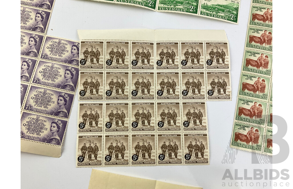 Collection of Australian Predecimal Mint Stamps, Blocks and Gutters Spanning 1922 to 1956, Including Antarctic Territory Over Prints and Kookaburra 6d