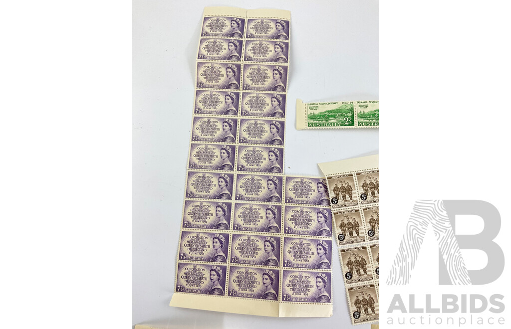 Collection of Australian Predecimal Mint Stamps, Blocks and Gutters Spanning 1922 to 1956, Including Antarctic Territory Over Prints and Kookaburra 6d