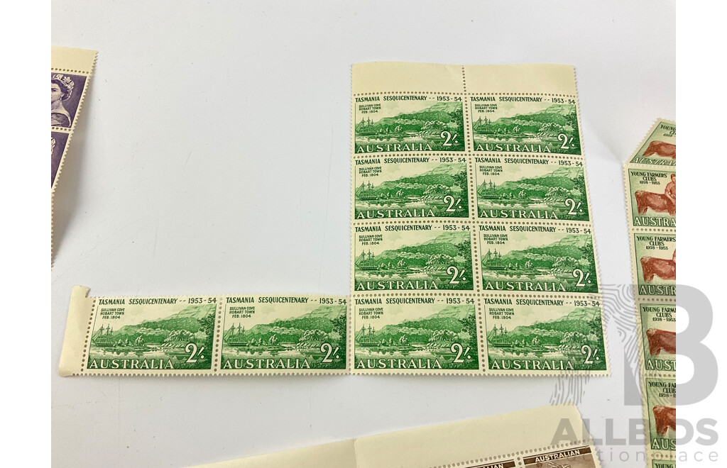 Collection of Australian Predecimal Mint Stamps, Blocks and Gutters Spanning 1922 to 1956, Including Antarctic Territory Over Prints and Kookaburra 6d