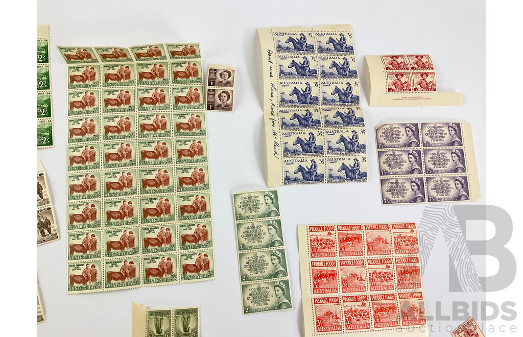 Collection of Australian Predecimal Mint Stamps, Blocks and Gutters Spanning 1922 to 1956, Including Antarctic Territory Over Prints and Kookaburra 6d