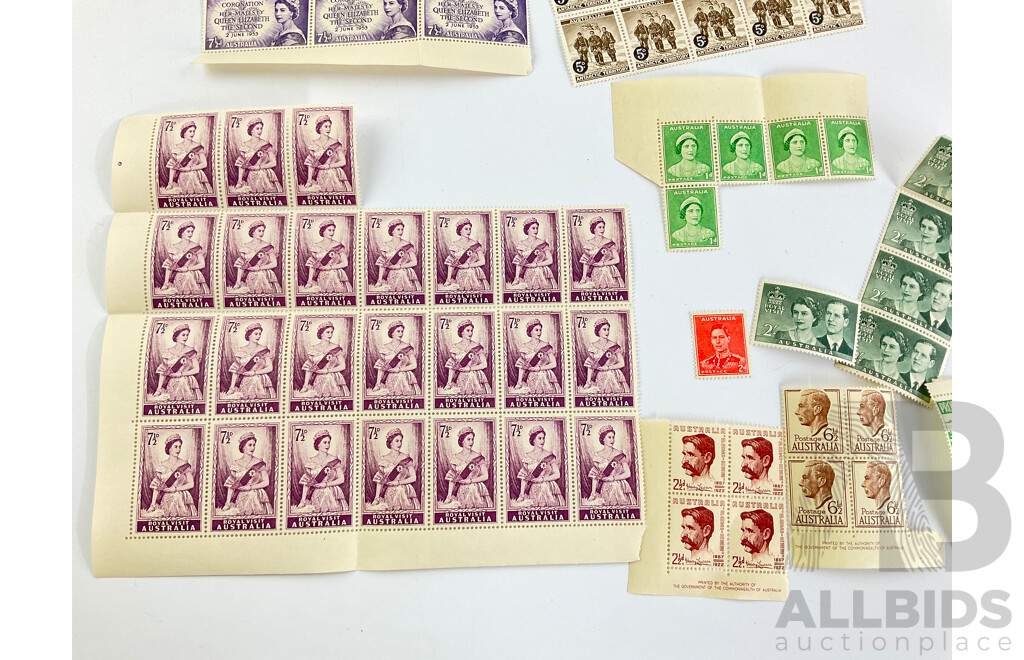 Collection of Australian Predecimal Mint Stamps, Blocks and Gutters Spanning 1922 to 1956, Including Antarctic Territory Over Prints and Kookaburra 6d