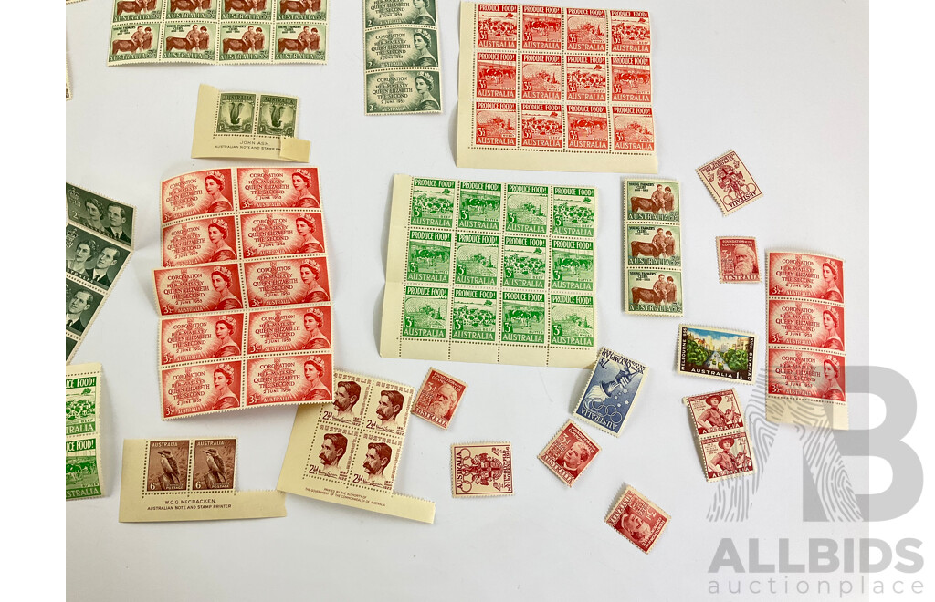 Collection of Australian Predecimal Mint Stamps, Blocks and Gutters Spanning 1922 to 1956, Including Antarctic Territory Over Prints and Kookaburra 6d
