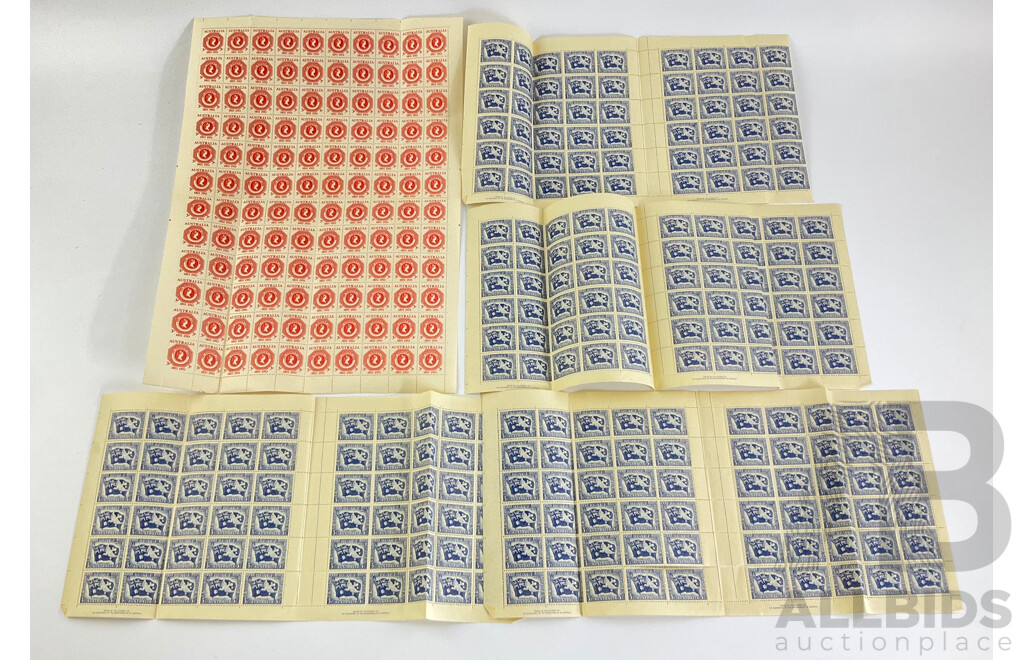 Australian Predecimal Mint Stamps Sheets Including 1945 Peace, 1953 Van Diemans Cententary, Printed by the Authority of the Government of the Commonwealth of Australia