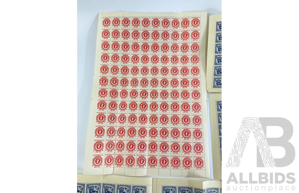 Australian Predecimal Mint Stamps Sheets Including 1945 Peace, 1953 Van Diemans Cententary, Printed by the Authority of the Government of the Commonwealth of Australia