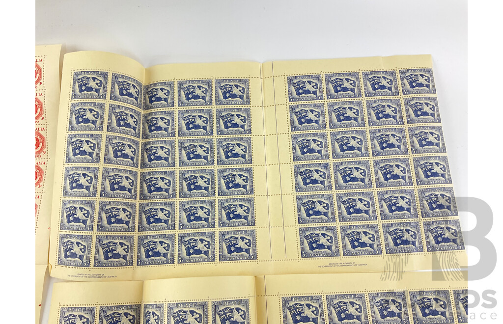 Australian Predecimal Mint Stamps Sheets Including 1945 Peace, 1953 Van Diemans Cententary, Printed by the Authority of the Government of the Commonwealth of Australia