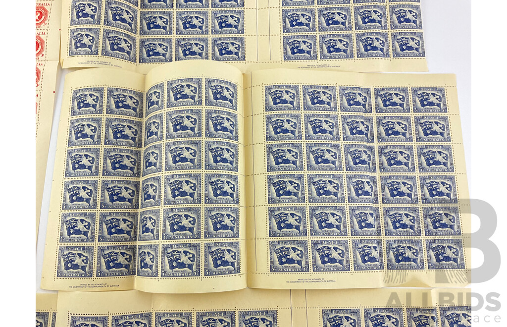 Australian Predecimal Mint Stamps Sheets Including 1945 Peace, 1953 Van Diemans Cententary, Printed by the Authority of the Government of the Commonwealth of Australia