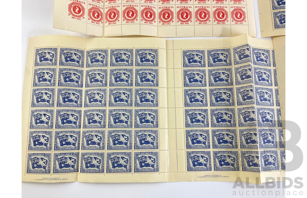 Australian Predecimal Mint Stamps Sheets Including 1945 Peace, 1953 Van Diemans Cententary, Printed by the Authority of the Government of the Commonwealth of Australia