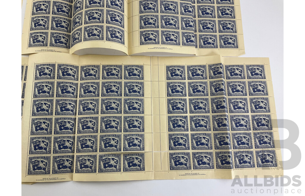 Australian Predecimal Mint Stamps Sheets Including 1945 Peace, 1953 Van Diemans Cententary, Printed by the Authority of the Government of the Commonwealth of Australia